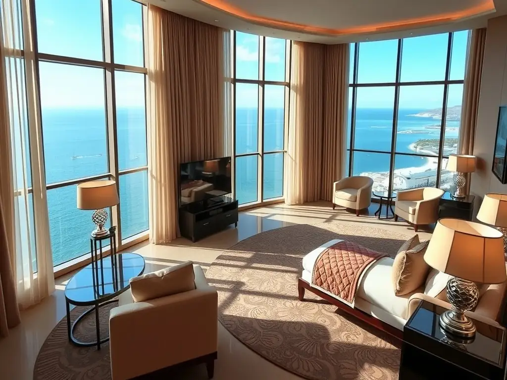 A luxurious 5-star hotel suite with an ocean view.